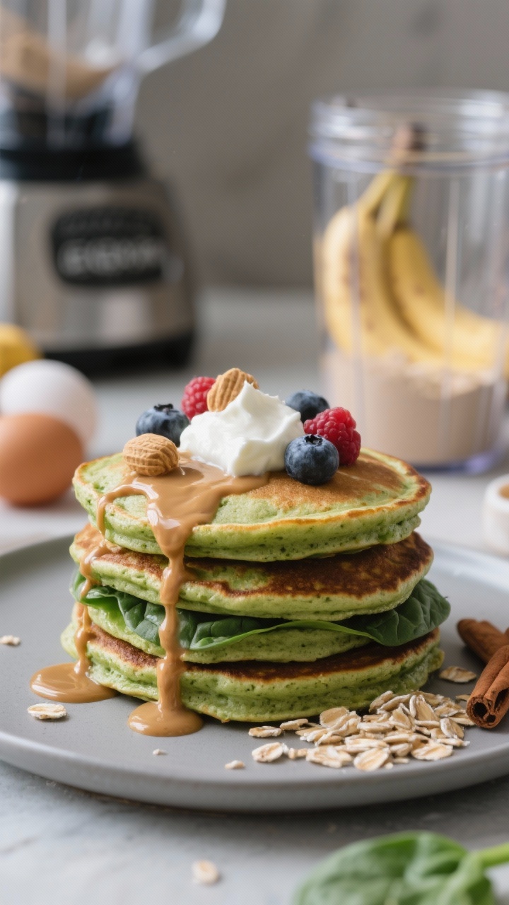 Close-up, action-focused stack of Blender Banana-Spinach Protein Pancakes: fluffy green-tinged pancakes (from baby spinach) stacked high, topped with a dollop of Greek yogurt, fresh berries, and a warm peanut butter drizzle cascading down the sides. Visible oat texture and airy crumb, with a blurred background showing a blender jar containing the banana, eggs, egg whites, oats, vanilla protein powder, baking powder, cinnamon, and vanilla extract. Soft morning light, matte plate, appetizing syrupy sheen without using syrup.