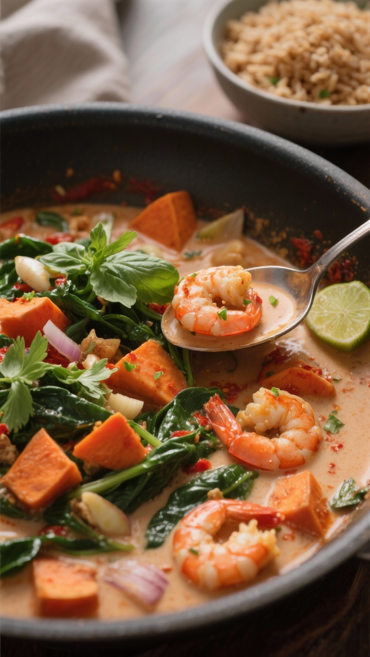Close-up action shot of Coconut Curry Shrimp with Spinach and Sweet Potato simmering in a deep skillet: creamy light-coconut-milk sauce tinted red from red curry paste, chunks of tender sweet potato, plump shrimp just turned opaque, wilted baby spinach threading through. Visible bits of onion, ginger, and garlic; a spoon creating a gentle swirl; lime zest flecks and a splash of lime juice catching the light. Garnish of torn basil/cilantro on top, served alongside a bowl of brown rice in the background, cozy and comforting tone with soft, warm lighting.