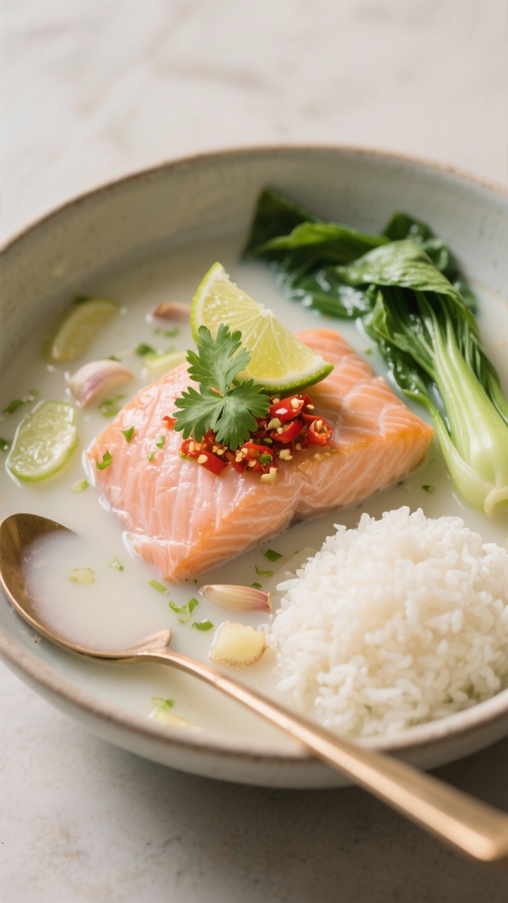Close-up bowl presentation at 45 degrees: Coconut-lime poached salmon—silky pink salmon resting in a shallow pool of creamy coconut milk broth perfumed with lime zest/juice, sliced ginger, and smashed garlic; wilted baby bok choy greens tucked alongside; glossy jasmine rice mound partially submerged; dramatic spoon of chili crisp on top, with cilantro leaves and extra lime wedge; soft diffused light to emphasize the velvety broth and chili crunch texture, serene, spa-like yet vibrant vibe.