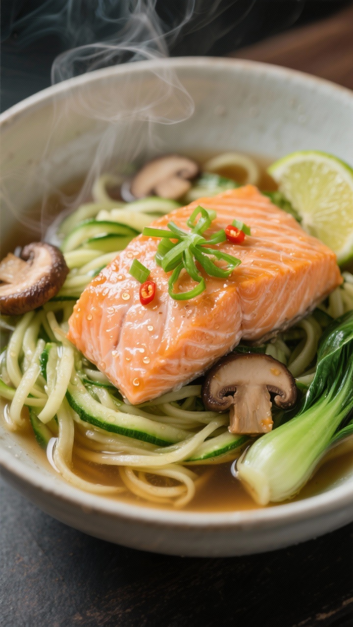 Close-up bowl shot of “Miso-Ginger Poached Salmon Over Zucchini Noodles”: silky poached salmon resting on tender zucchini noodles with shiitake slices and bok choy in a clear miso-ginger broth; wisps of steam, droplets on the salmon, garnished with thinly sliced green onion and a drizzle of chili oil; lime wedge on the rim; clean, cozy, umami-rich mood with soft side lighting highlighting the broth’s sheen and the salmon’s delicate flakes.