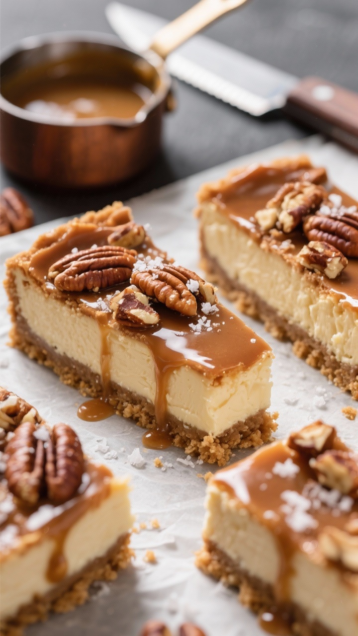 Close-up detail shot of pecan pie cheesecake squares on parchment, showing distinct layers: sandy graham crust, creamy cheesecake center, glossy chopped pecan-maple-brown sugar topping; delicate salted maple glaze drizzled over with visible flakes of sea salt sparkling; a small saucepan of maple-pecan topping in the background and a hot knife with clean slice lines; rich, decadent tones with crisp focus on textures and gloss