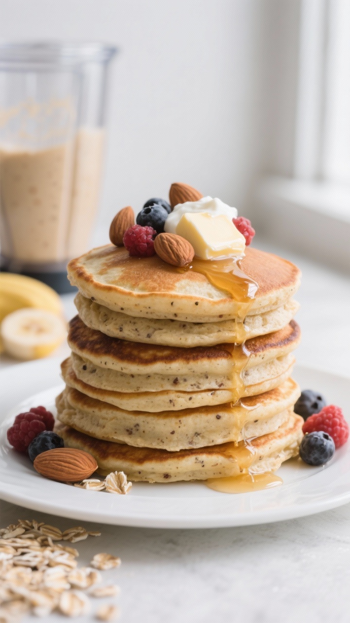 Close-up of a tall stack of almond-oat blender pancakes on a simple white plate, 45-degree angle: fluffy, golden-browned surfaces with toasty specks from blended gluten-free oats and almond flour. A pat of melting butter (or coconut oil sheen) on top, a drizzle of maple syrup dripping down the sides. Garnished with warm mixed berries and a dollop of yogurt, with a background hint of the blender jar containing the smooth batter (oats, banana, eggs, milk, vanilla, cinnamon). Soft window light, shallow depth of field to highlight tender crumb.