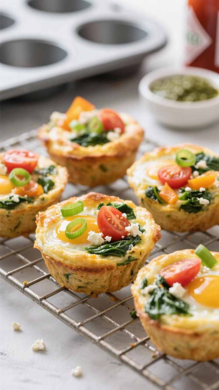 Close-up of savory veggie egg muffins on a cooling rack: fluffy, just-set egg bites with visible chopped spinach, quartered cherry tomatoes, diced bell pepper, green onion rings, and crumbles of feta; lightly puffed tops with a tender sheen, no rubbery texture; a greased muffin tin blurred in the background, a small dish of pesto and a bottle of hot sauce nearby to hint serving; bright, vibrant colors, crisp detail, shallow depth of field.