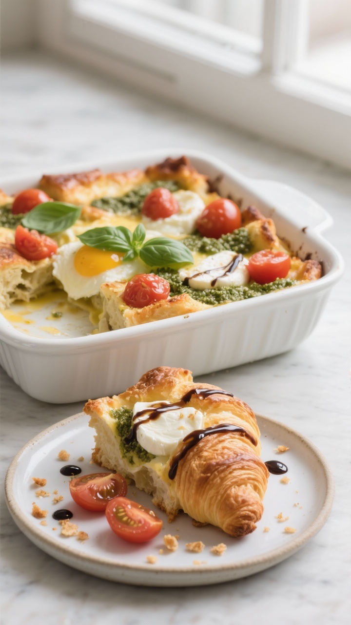 Close-up plated presentation of Caprese Croissant Strata: buttery torn croissant layers puffed and lightly golden, pockets of melted fresh mozzarella, juicy cherry tomatoes, and a silky pesto-egg custard. Finished with torn basil leaves and a glossy drizzle of balsamic glaze. Served in a white ceramic baking dish with a portion on a small plate in front, crumbs and tomato seeds artfully visible. Elegant, Italian brunch mood, shallow depth of field, soft window light.