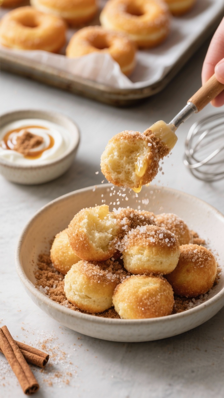 Close-up process shot: A shallow bowl of warm, freshly baked donut holes (oven-baked), light golden and fluffy, being tossed in a cinnamon–coconut sugar coating. Some donut holes glisten from a light brush of melted butter, sugar crystals visible on the surface. In the background: a parchment-lined tray with more donut holes, a small bowl holding the cinnamon-sugar mix, and a whisked yogurt dip with a swirl of maple and cinnamon. Straight-on macro focus, shallow depth of field, capturing pillowy crumb and sparkling sugar granules.