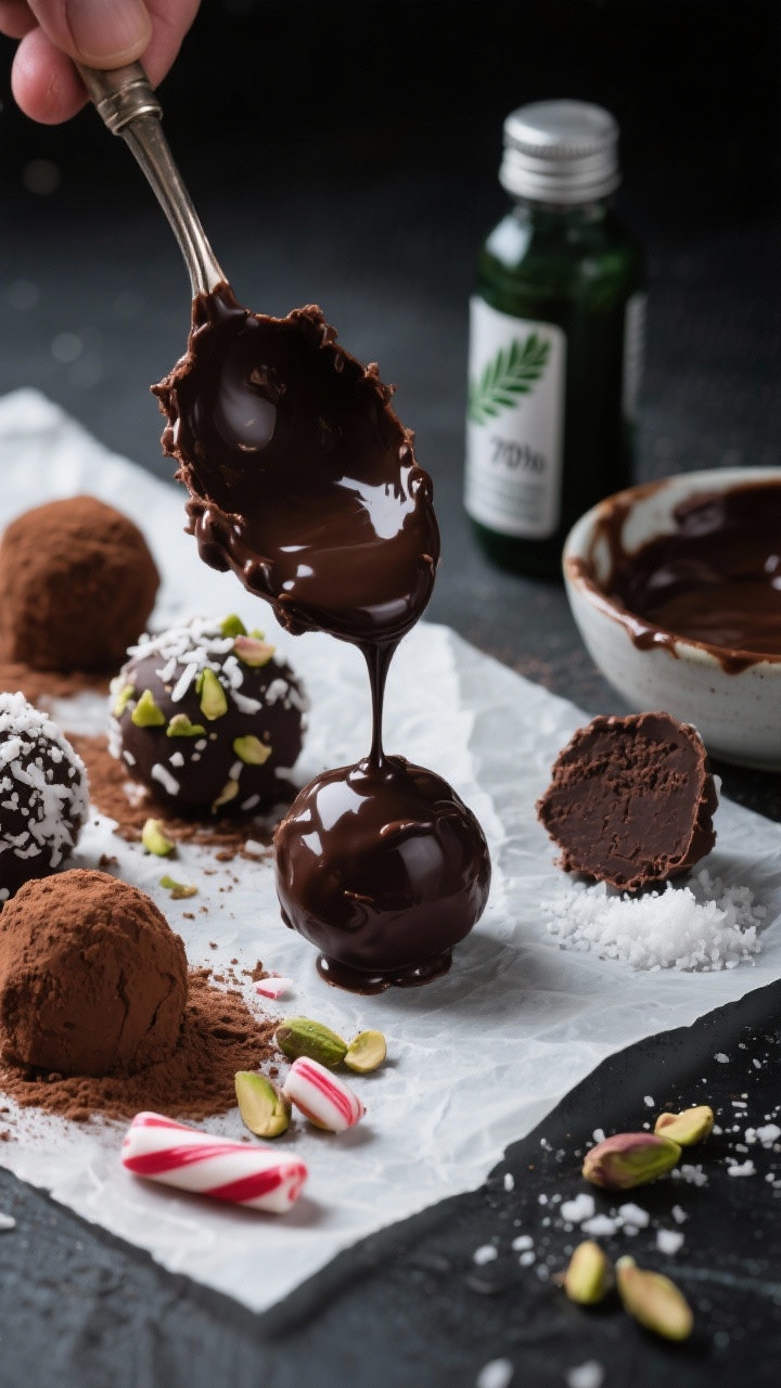 Close-up process shot at 45-degree angle: glossy dark chocolate peppermint truffle mixture being scooped and rolled into small balls on parchment. Some truffles coated in unsweetened cocoa powder, others sprinkled with finely crushed candy canes, chopped pistachios, and shredded coconut. A small bowl of melted dark chocolate (70% cacao) for drizzling sits nearby, with peppermint extract bottle and a pinch of sea salt visible. Deep, moody lighting emphasizing fudgy texture and the cool peppermint vibe; shallow depth of field highlighting the truffle surface.