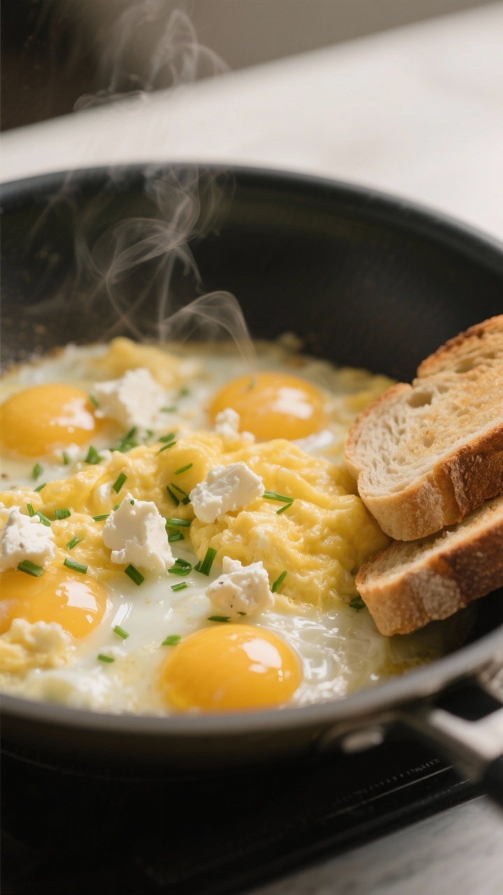 Close-up process shot: cloud-soft soft-scrambled eggs in a nonstick skillet over low heat, glossy curds being gently folded, pockets of crumbled goat cheese melting in, flecks of fresh chives, steam rising; beside the pan, toast soldiers from country bread stacked for dipping; muted, warm tones with shallow depth of field to highlight silky texture; minimal props to spotlight technique and tenderness.