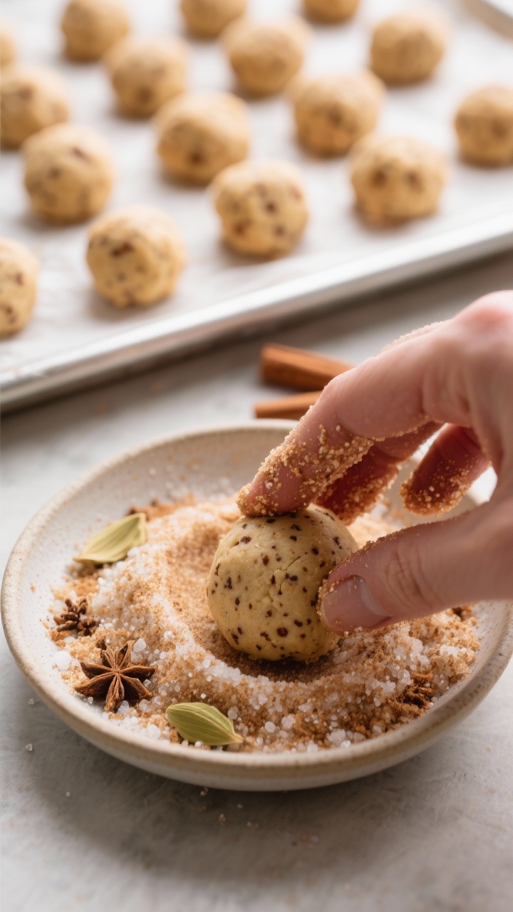 Close-up process shot of chai-spiced snickerdoodle dough balls being rolled in a shallow dish of sugar, cinnamon, and cardamom coating; visible speckled dough with chai spices (cinnamon, cardamom, ginger, clove) in the crumb; parchment-lined baking sheet in the background with evenly spaced coated balls ready to bake; tight depth of field highlighting sandy sugar crystals and crinkly texture potential; neutral backdrop for a cozy, spice-forward feel.