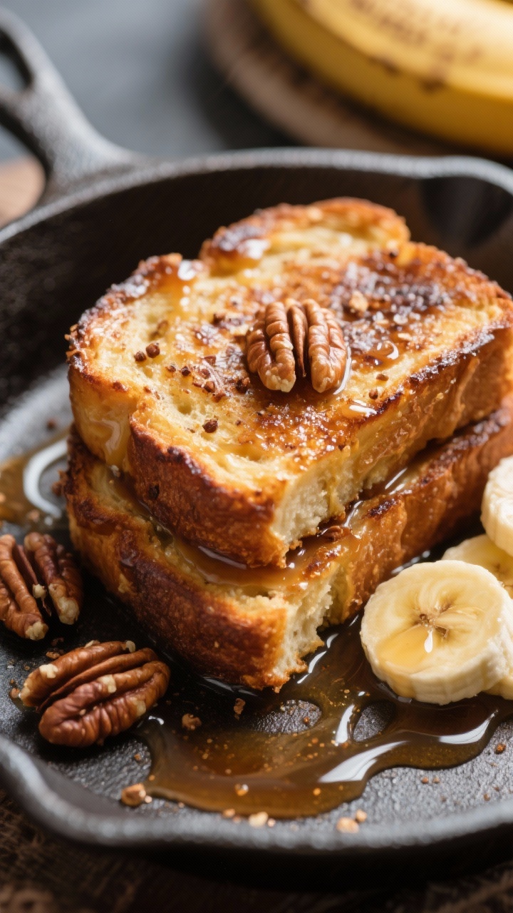 Close-up skillet shot of brown-butter-seared banana bread French toast, caramelized edges glistening. Slices stacked in a small cast-iron pan with visible browned butter pooling at the edges, a few toasted walnut pieces and cinnamon specks clinging to the custard-soaked surface. Fresh banana slices tucked around, warm maple syrup being pooled on the plate (no hand), with tiny bubbles and sheen. Cozy, nutty tones, shallow depth of field highlighting the crisp exterior and custardy interior.