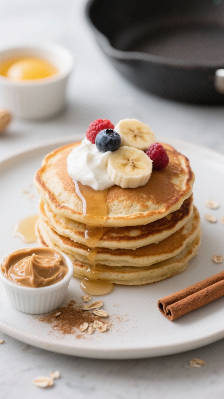 Close-up stack of peanut butter banana protein pancakes on a matte white plate, captured straight-on to emphasize fluff: golden-brown pancakes made with mashed banana, eggs, egg whites, oat flour, vanilla protein, peanut butter, baking powder, and cinnamon. Stack topped with Greek yogurt dollop, fresh berries, and sliced banana, with a light drizzle of maple syrup cascading down the sides. A small ramekin of peanut butter, a sprinkle of cinnamon, and a pat of coconut oil melting in the background skillet hint at the cooking process. Warm, inviting, post-workout reward energy with soft highlights.