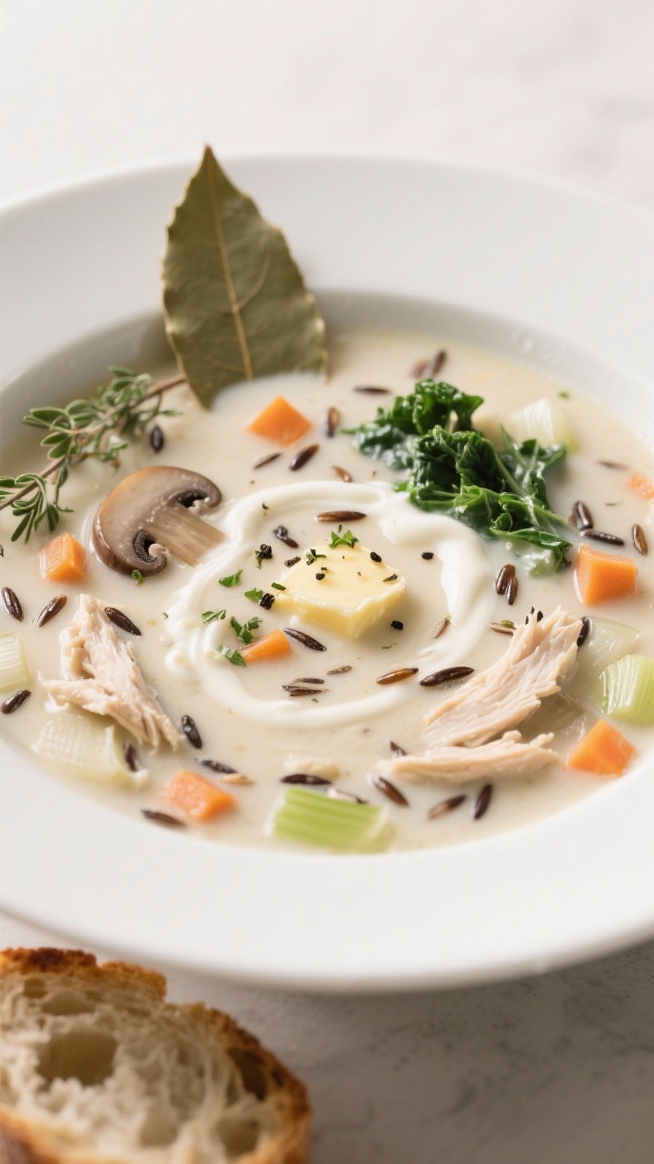 Close-up, straight-on bowl shot of Creamy Chicken and Wild Rice Soup: velvety off-white broth with visible wild rice grains, shredded chicken, diced carrots, celery, and onions; flecks of thyme and rosemary, and a bay leaf propped on the rim. A swirl of cream sheen from the roux, tiny butter gloss on the surface. Optional add-ins shown subtly: a few mushroom slices and a few ribbons of kale just peeking through. Served in a wide white bowl with cracked black pepper on top, parsley sprinkle, crusty bread torn beside it, gentle steam, soft neutral backdrop.