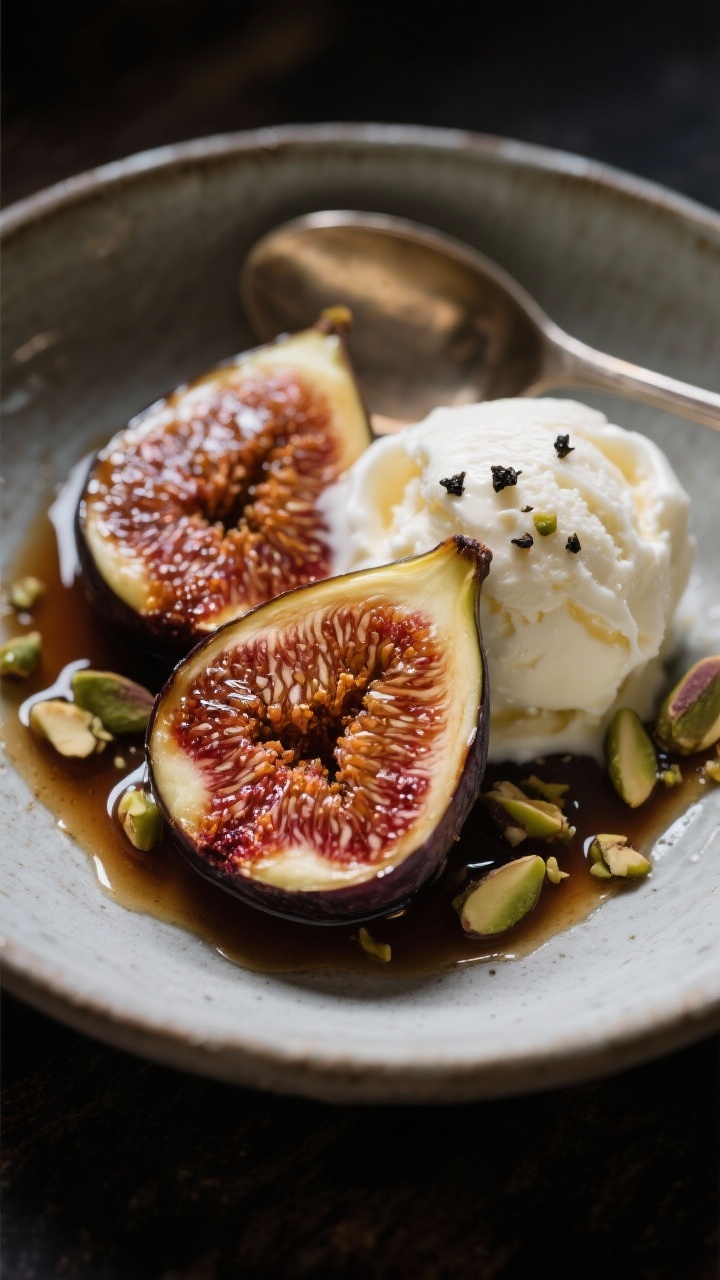 Close-up straight-on of maple-roasted figs with vanilla ice cream: halved ripe figs roasted cut-side up, glistening with syrupy maple reduction, spooned over creamy scoops of vanilla ice cream in a shallow ceramic bowl; pan juices drizzled on top, a sprinkle of crushed pistachios and a crack of black pepper for contrast; deep, moody background with soft highlights on the jammy fig centers and melting ice cream for an elegant, minimal dessert portrait.