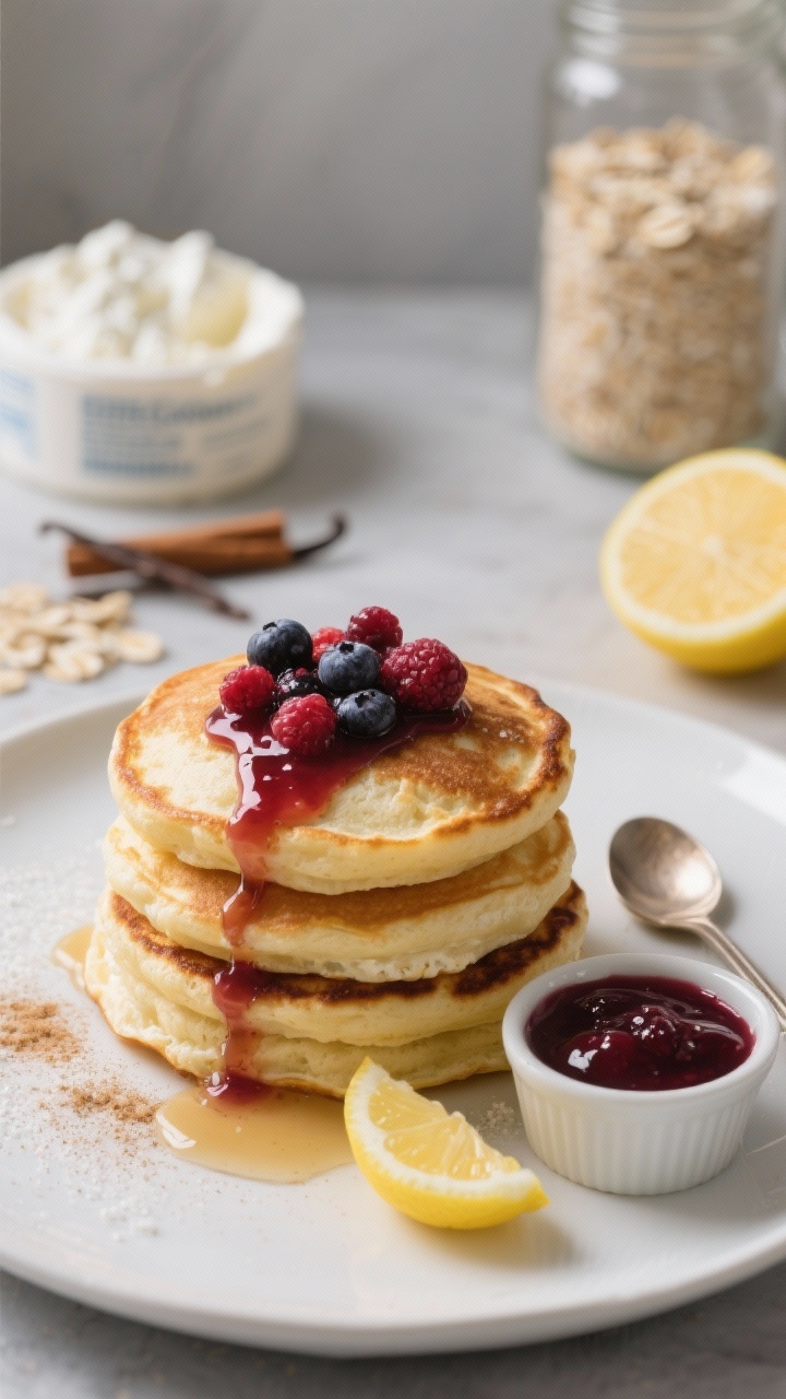 Close-up, straight-on stack of Cottage Cheese Pancakes on a matte white plate, golden and puffy with crisped edges: warm berry sauce (mixed berries simmered with lemon juice and a hint of maple syrup) cascading down the sides, a light dusting of cinnamon visible in the batter; a small ramekin of extra berry sauce, lemon wedge, and a spoon showing the sauce’s glossy texture; background hints of ingredients—cottage cheese tub, oats, vanilla, and baking powder; soft morning light, shallow depth of field to emphasize pillowy texture and syrupy sheen.