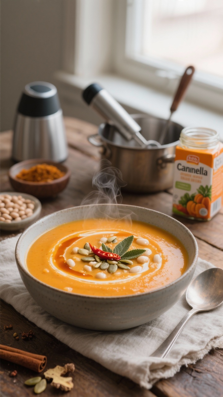 Cozy overhead soup scene: a matte ceramic bowl of creamy butternut and white bean soup, silky and vividly orange from roasted squash, steam faintly rising; garnished with a swirl of chili oil, a sprinkle of toasted pumpkin seeds, and chopped sage; cinnamon, ginger, and nutmeg notes implied by a small spice dish nearby; background includes a small pot, immersion blender, and a ladle, with a jar of cannellini beans and vegetable broth carton partially in frame; soft window light, linen napkin, rustic wood surface.