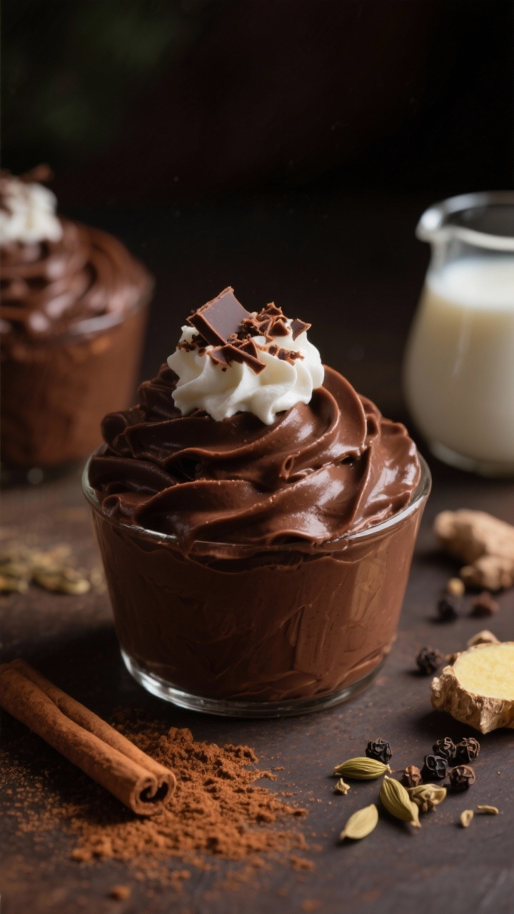 Dramatic close-up of chocolate chai mousse served in small cups: ultra-silky dark chocolate mousse with faint swirls, topped with a dollop of whipped cream and fine shaved chocolate. Styling hints of chai spices—tiny piles of ground cinnamon, cardamom, a whisper of ginger and black pepper—arranged artfully nearby, plus a small pitcher that once warmed the milk. Low, moody lighting with a rich brown palette, shallow depth of field focusing on the mousse’s glossy surface and airy texture.