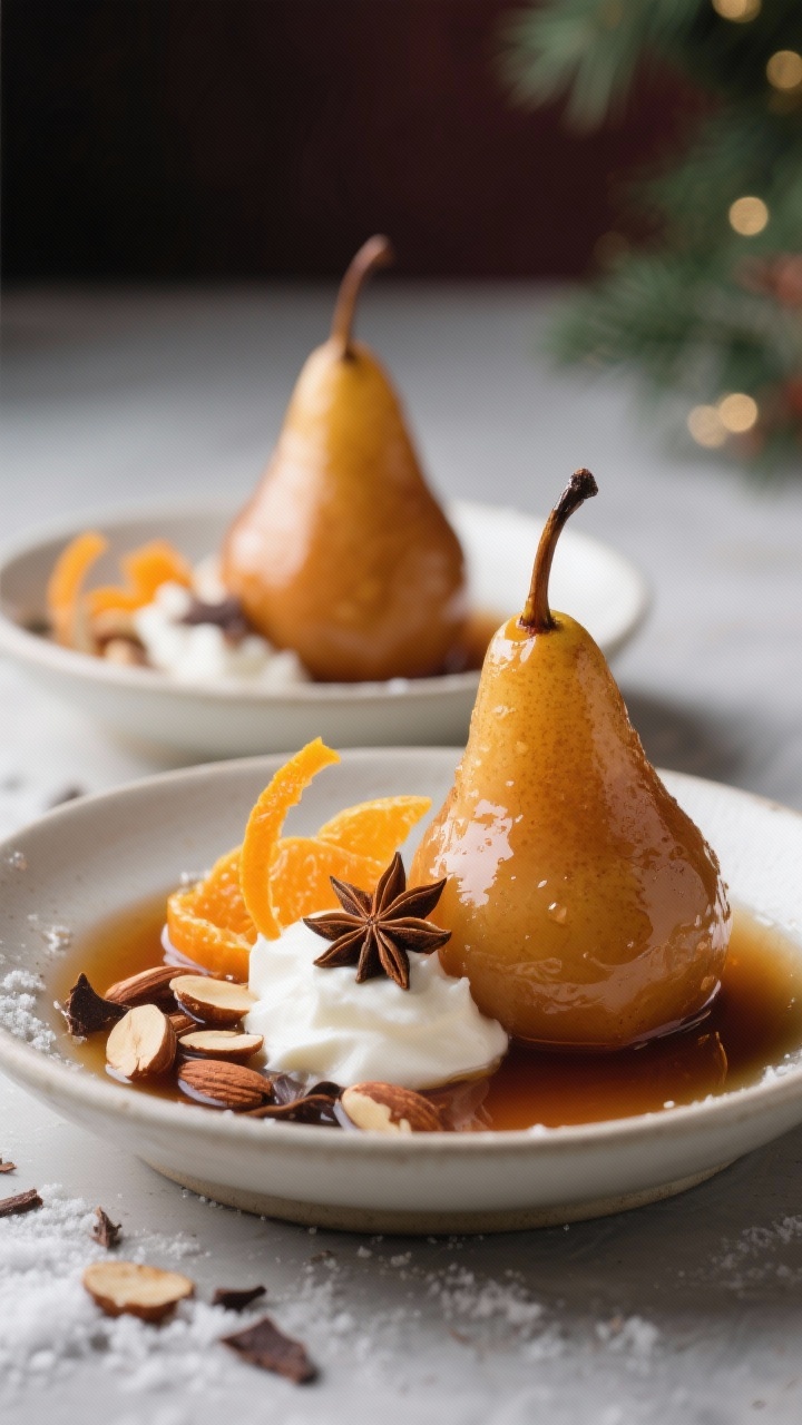 Elegant plated presentation, straight-on angle: Spiced Poached Pears standing upright in shallow bowls, stems on, glazed with reduced cinnamon-star anise-orange syrup that pools around the base. A dollop of vanilla Greek yogurt like “snow” beside each pear, sprinkled with toasted sliced almonds; delicate orange peel strips and a visible star anise in the syrup for aroma cue. Optional dark chocolate shavings lightly scattered. Soft, luminous lighting for a jewel-like sheen on the pears, minimalist ceramic tableware, refined holiday mood.