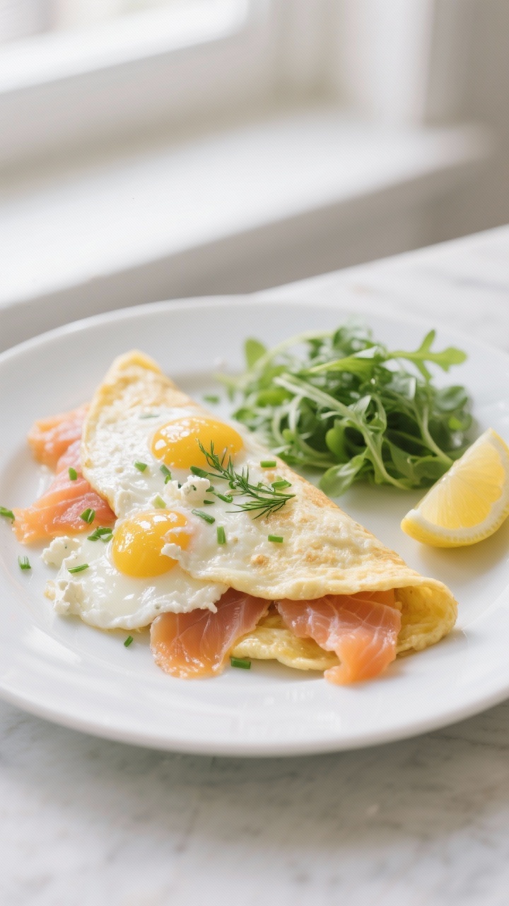 Elegant straight-on plated presentation of a smoked salmon egg white omelet: glossy, tender egg whites folded over ribbons of smoked salmon, pockets of creamy goat cheese, and fresh chopped dill and chives peeking from the seam; finished with a glistening squeeze of lemon. Serve on a matte white plate with a small mound of arugula lightly dressed in olive oil and herbs, a lemon wedge on the side; soft natural window light, minimal styling, refined brunch aesthetic.