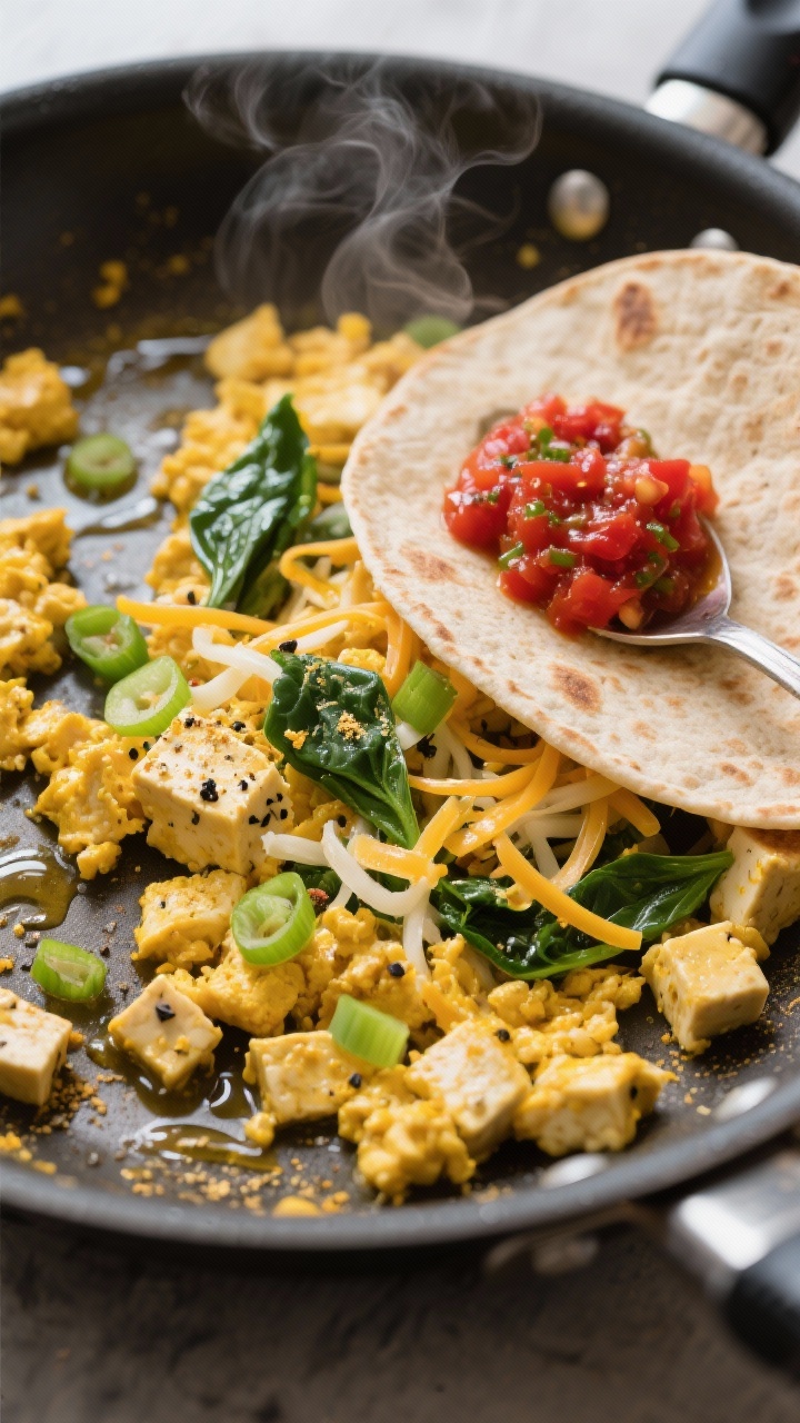 In-pan close-up action shot of a five-minute tofu scramble just before wrapping: crumbled firm tofu in a nonstick skillet glistening with olive oil, tinted golden with turmeric, speckled with black pepper and garlic powder, folded with nutritional yeast and a spoonful of salsa; a few wilted spinach ribbons and green onion slices for color, shredded cheese melting in strands. A warmed whole-wheat tortilla rests at the pan’s edge ready to be filled; steam visible, bold salsa reds against warm yellows, fast-casual, vibrant.