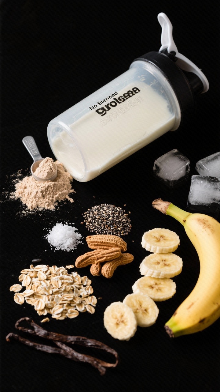 Ingredient-focused overhead flat lay for a No-Blend Protein Smoothie: a clear shaker bottle half-filled with ultrafiltered milk, a scoop of vanilla protein powder, powdered peanut butter, chia seeds, quick oats, a pinch of salt, and a splash of vanilla arranged in neat piles; thin banana slices and a few ice cubes off to the side; clean matte black background for contrast; modern, on-the-go vibe with the shaker lid open and ready, emphasizing textures of powders and seeds.