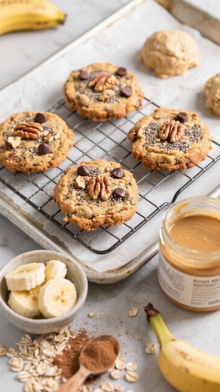 Ingredient-prep to final transition, straight-on shot of banana-nut breakfast cookies cooling on a wire rack: soft, chewy cookies studded with chopped walnuts, chia seeds, ground flax, and dark chocolate chips, edges lightly golden. In the foreground, a small bowl of mashed ripe bananas and a jar of almond butter; nearby a scoop of gluten-free rolled oats and a dusting of cinnamon. A parchment-lined baking sheet with a few unbaked mounds shows the shaping stage. Cozy, grab-and-go energy with warm tones and crisp detail.