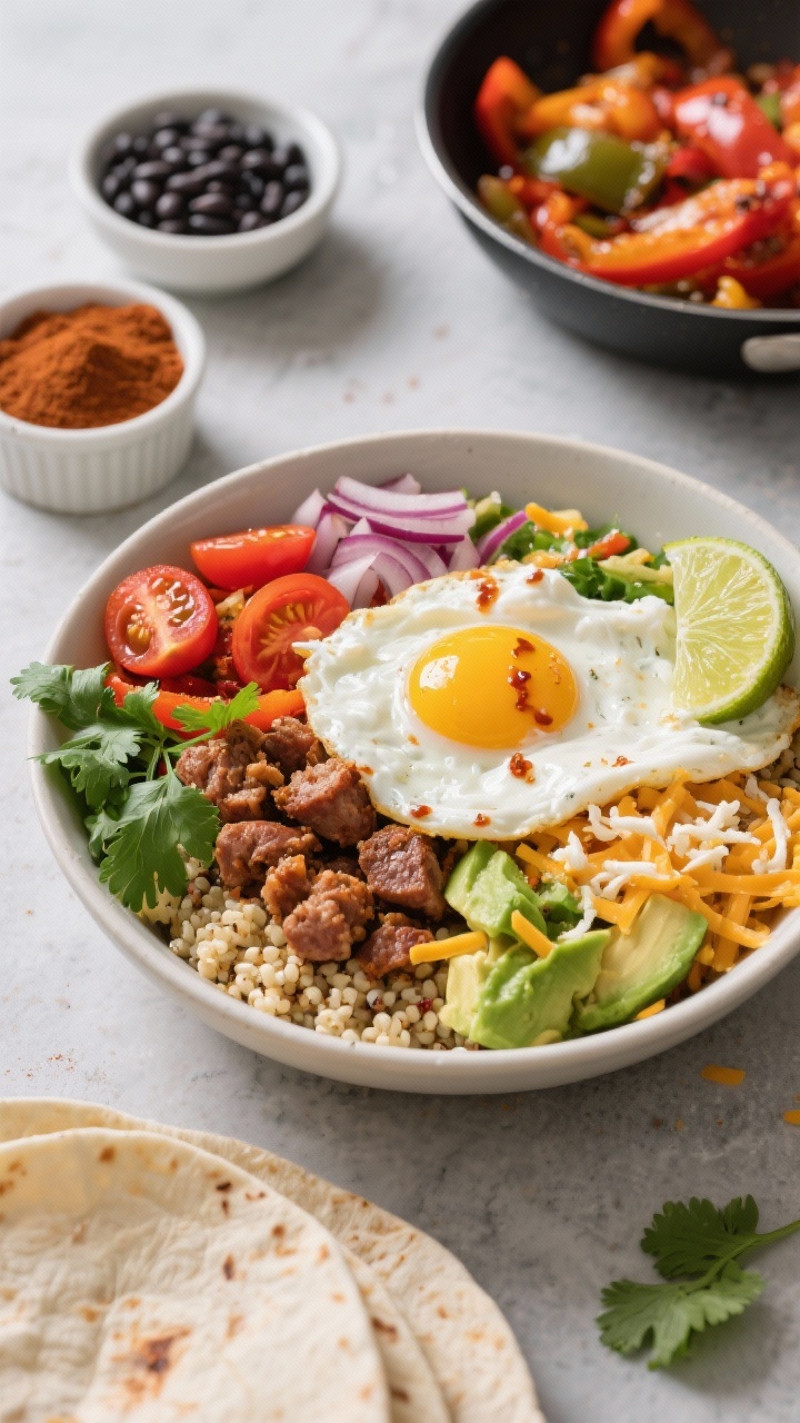 Ingredient-to-final bowl scene at a 45-degree angle for a High-Protein Breakfast Burrito Bowl: base of fluffy quinoa, topped with scrambled egg whites plus one whole egg, browned crumbled turkey sausage, sautéed bell peppers and red onion, halved cherry tomatoes, diced avocado, and a sprinkle of shredded cheddar/cotija; generous drizzle of chipotle Greek yogurt sauce (Greek yogurt whisked with lime juice and chipotle/adobo) over the top, finished with fresh cilantro leaves and a lime wedge; supporting props include a small bowl of black beans, a ramekin of chipotle powder, and a pan with sautéed peppers; vibrant, hearty, meal-prep-ready mood with bold, spicy color pops.