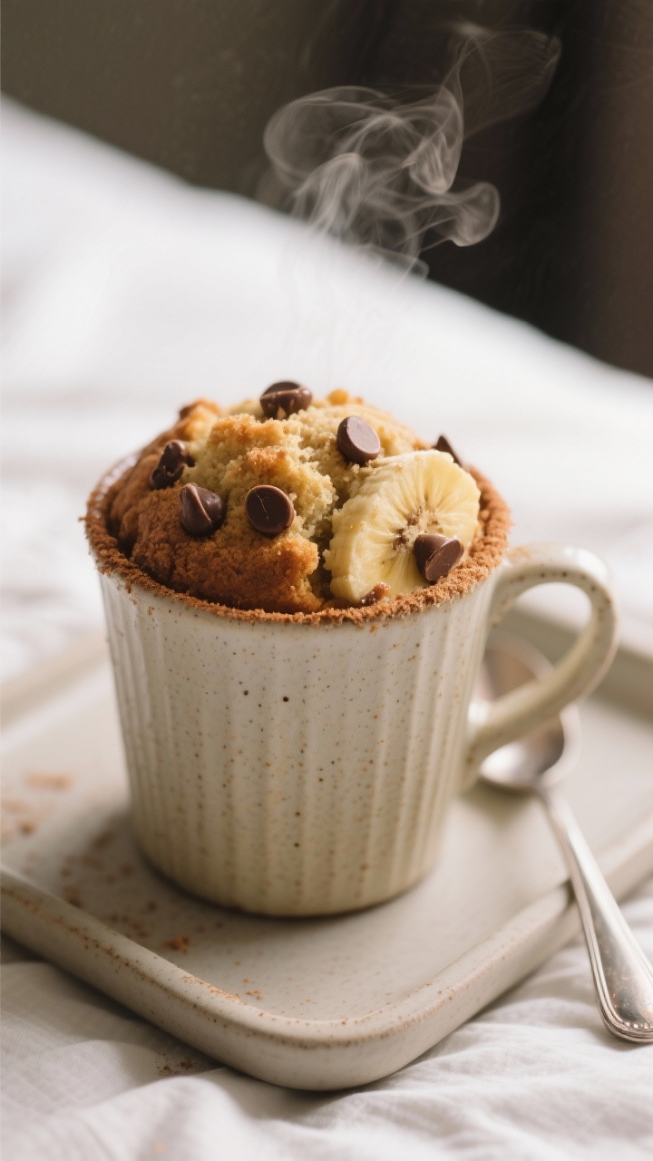 Intimate 45-degree close-up of a banana bread mug cake: steamy, tender crumb rising just above the rim of a ceramic mug, flecks of melted chocolate chips, hints of banana and brown sugar, a light dusting of cinnamon on the mug’s lip, spoon tucked beside, neutral bed-tray styling to suggest no-mess comfort, shallow depth of field for cozy softness