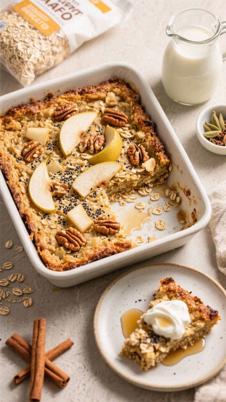 Overhead baked breakfast tray: cinnamon-baked oats set golden in an 8x8 dish, studded with diced pears, chopped walnuts, and speckled chia seeds, edges lightly caramelized; a slice plated nearby with a dollop of Greek yogurt and a drizzle of maple syrup; visible oats package, small bowl of cardamom and cinnamon, and a jug of almond milk around the scene; warm, cozy tones, crisp crumb texture, minimal rustic props emphasizing clean eating comfort.