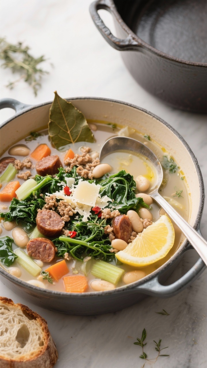 Overhead bowl presentation of one-pot turkey sausage, kale, and white bean soup: clear, brothy base with browned crumbles of Italian turkey sausage, cannellini beans, vibrant green kale ribbons, diced carrot, celery, and onion, flecks of oregano and red pepper, and a bay leaf peeking out. Finish with a drizzle of olive oil, grated Parmesan, and a lemon wedge on the side. Rustic Dutch oven set nearby, ladle resting, sourdough slices in frame. Clean, natural daylight emphasizing the hearty, comforting vibe.