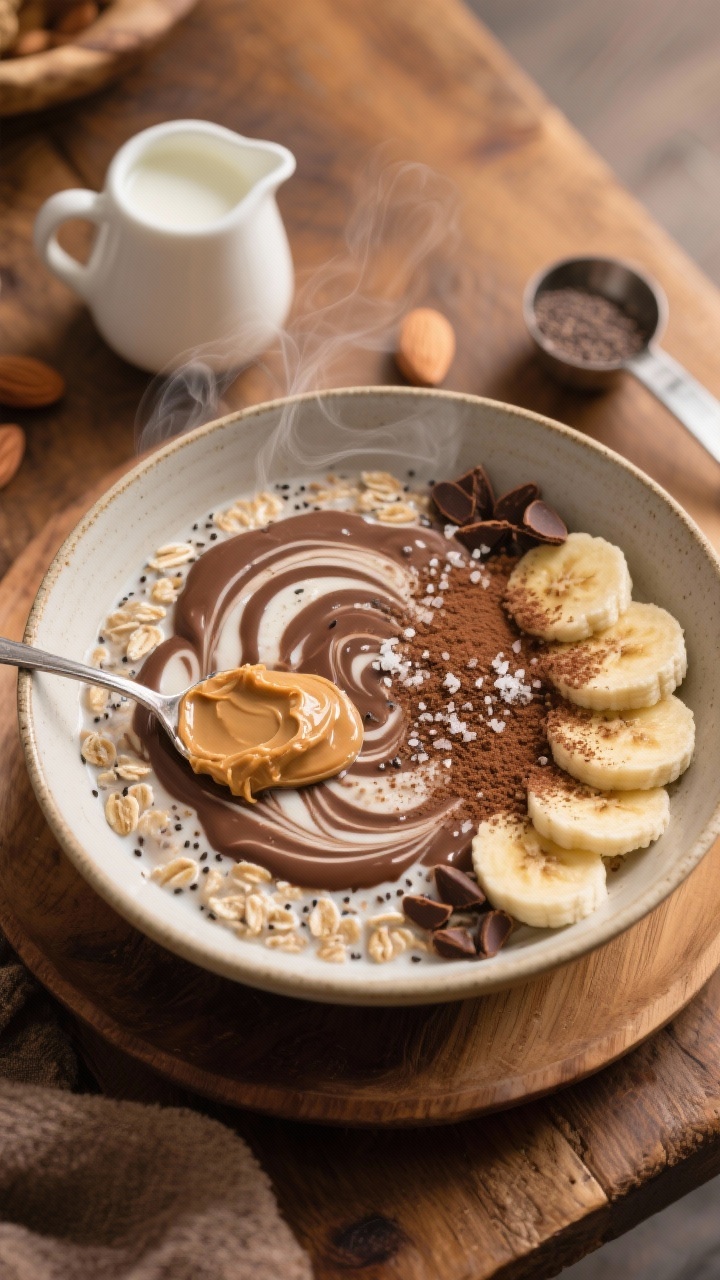 Overhead bowl shot of Chocolate Peanut Butter Protein Oats: creamy rolled oats made with almond milk and chia, stirred with chocolate protein and a spoonful of natural peanut butter creating marbled swirls. Optional cocoa powder dusted lightly, banana slices fanned on one side, a pinch of sea salt, and a few cacao nibs for texture. Set on a cozy wooden table with a small pitcher of almond milk and the protein scoop in frame. Warm, dessert-for-breakfast mood with soft steam visible.