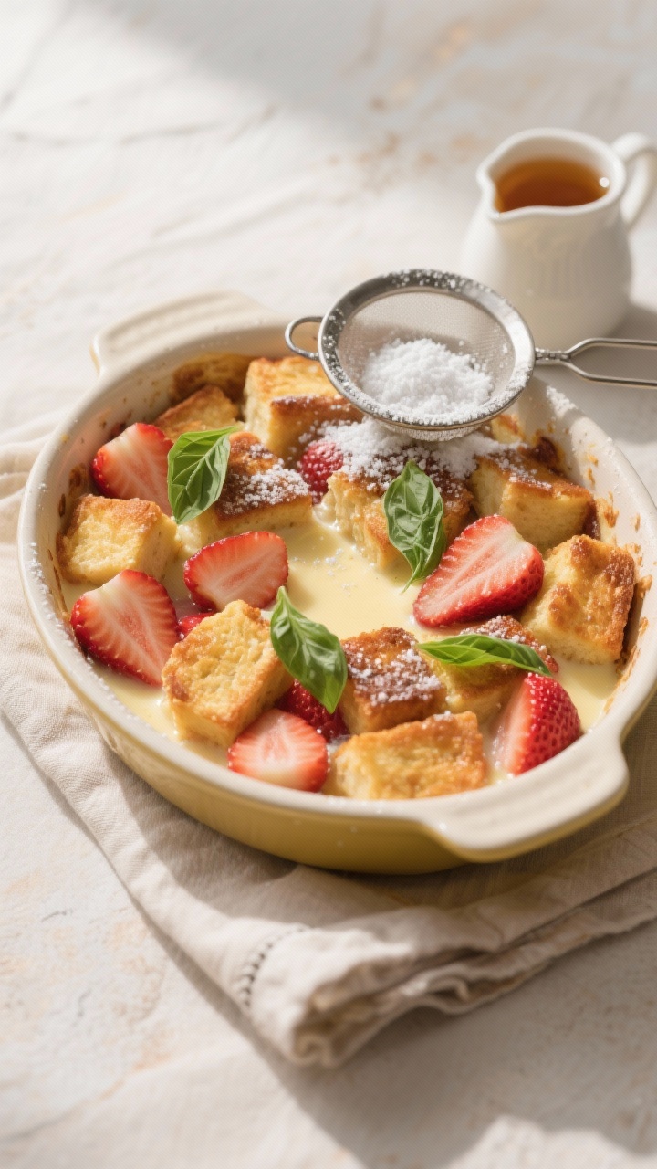 Overhead casserole shot: strawberry-basil French toast bake in an 8-inch buttered dish, brioche cubes puffed and golden at the edges, custard set in the center, strawberry slices nestled throughout and just jammy, fresh basil ribbons scattered on top; a small sifter dusting powdered sugar, warm maple syrup in a tiny pitcher; soft morning light and a linen napkin for an effortless, romantic brunch mood.