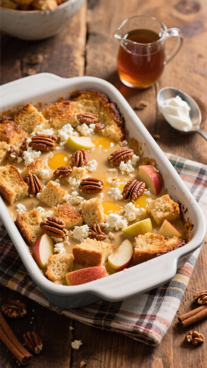 Overhead cozy bake-shop style shot of Apple-Cinnamon Cottage Cheese French Toast Bake in a 9x13 pan: golden, puffed whole-grain bread cubes and diced apples, cinnamon-speckled custard made from cottage cheese, eggs, almond milk, maple syrup, and vanilla; edges caramelized with optional chopped pecans scattered on top. A small pitcher of maple syrup and a spoonful of Greek yogurt nearby, on a warm wooden table with a plaid napkin—inviting, aromatic, lightly sweet atmosphere.