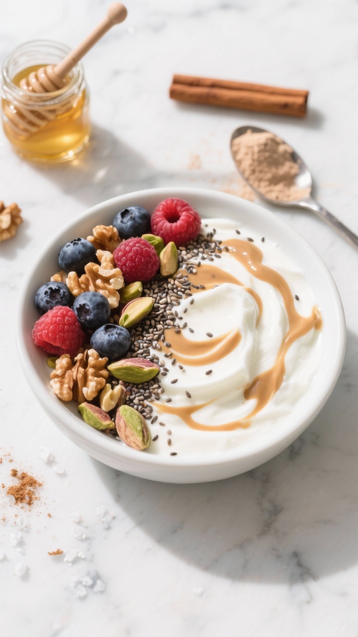 Overhead flat lay of a Greek yogurt power bowl “that eats like dessert” in a wide white ceramic bowl: thick plain Greek yogurt whisked silky with vanilla protein, peanut butter swirled into visible ribbons, topped with a neat cluster of mixed berries, chopped walnuts and pistachios, chia seeds sprinkled, a light drizzle of honey, pinch of cinnamon dusting and tiny flakes of sea salt. Style with a small jar of honey, a cinnamon stick, and a spoon with protein powder residue on a cool marble surface; bright morning light, clean, creamy textures, high-contrast berries.