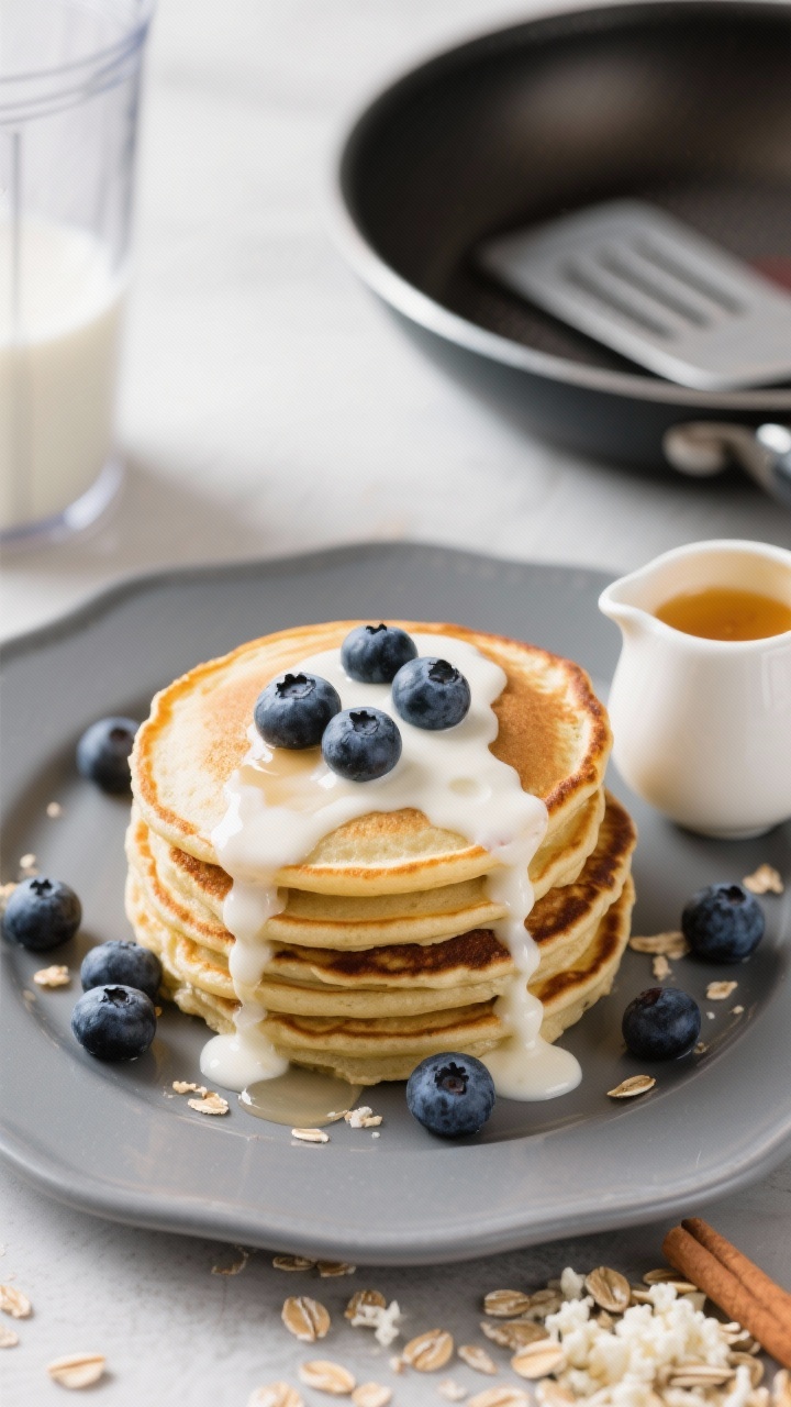 Overhead flat lay of a stack of high-protein blender pancakes on a matte grey plate: golden-edged pancakes made from egg whites, oats, cottage cheese, vanilla protein, baking powder, cinnamon, vanilla, and a pinch of salt; studded with blueberries, with extra fresh blueberries scattered around. A glossy Greek yogurt drizzle (Greek yogurt, maple syrup, splash of milk) cascading over the stack, small pitcher of drizzle on the side; nonstick skillet and spatula partially in frame, soft natural light, inviting weekend-breakfast feel.