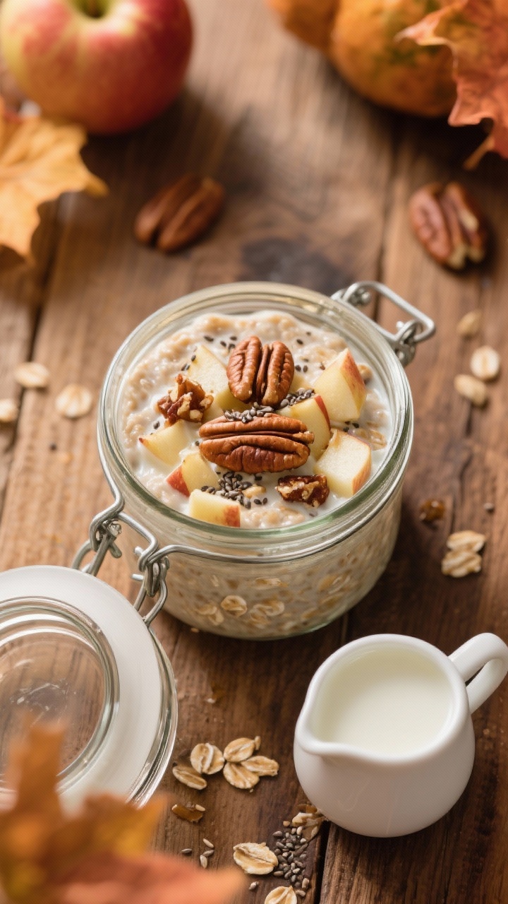 Overhead flat lay of apple pie overnight oats in a lidded jar: thick oats mixed with rolled oats, Greek yogurt, cinnamon, maple syrup, and vanilla, finely diced apple folded through, topped with chopped toasted pecans and a sprinkle of chia seeds for extra thickness, lid resting beside, a small pitcher of milk for optional splash, warm autumnal palette with wood surface and soft, cozy light