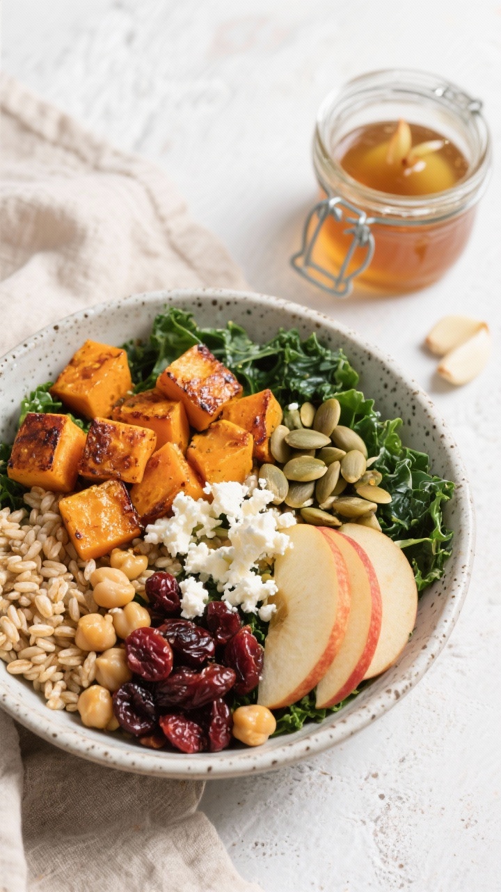 Overhead flat lay of assembled autumn harvest power bowl: base of baby kale and farro, topped with roasted butternut squash cubes (caramelized edges), thin apple slices, cooked chickpeas, dried cranberries, toasted pepitas, and crumbles of goat cheese; a small glass jar of apple cider vinaigrette (apple cider vinegar, Dijon, maple, grated garlic, EVOO) mid-pour for glossy sheen; neutral linen, speckled stoneware bowl, bright yet cozy fall colors, crisp textures contrasting with tender grains, clean meal-prep aesthetic.