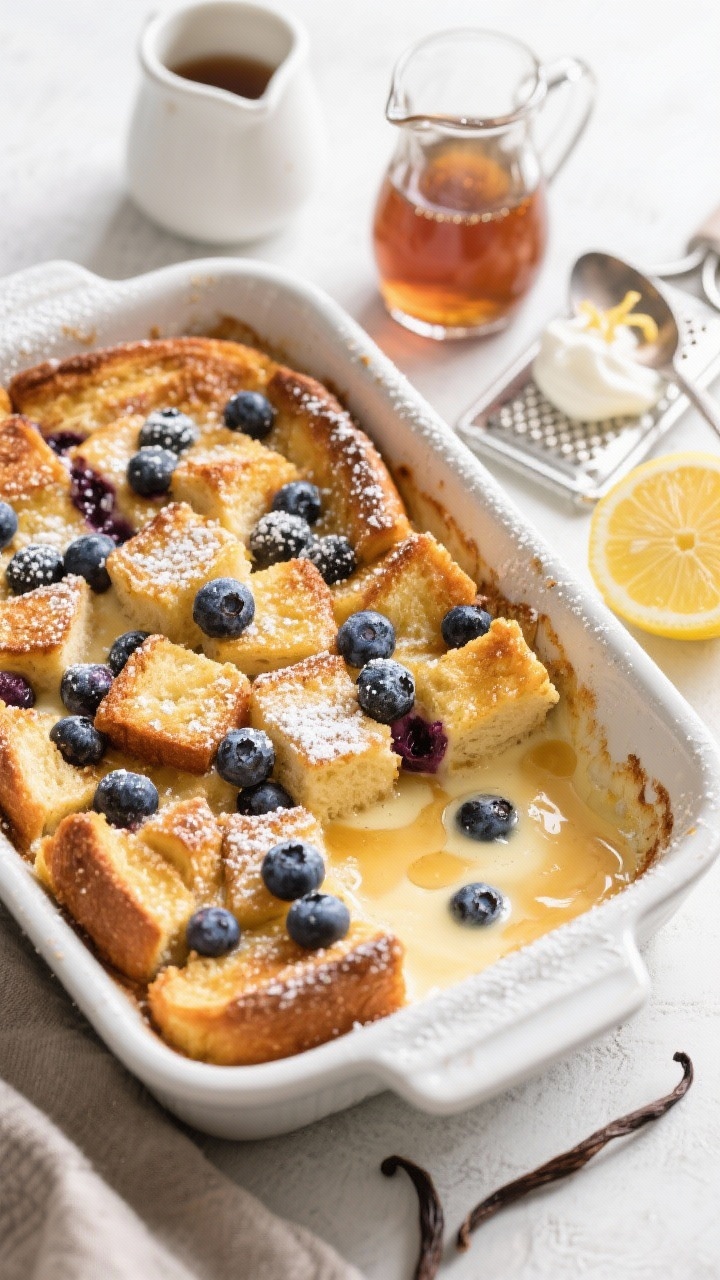 Overhead flat lay of Maple-Blueberry French Toast Bake: an 8x11 dish brimming with golden-edged brioche cubes, burst blueberries staining pockets of custard, a light dusting of powdered sugar, and a gentle sheen from pure maple syrup. Visible vanilla and cinnamon warmth in tone; a small pitcher of maple syrup, a spoonful of Greek yogurt, and a zest grater with a lemon off to the side for optional brightness. Cozy, irresistible diner sweetness, soft morning light, crisp texture detail.