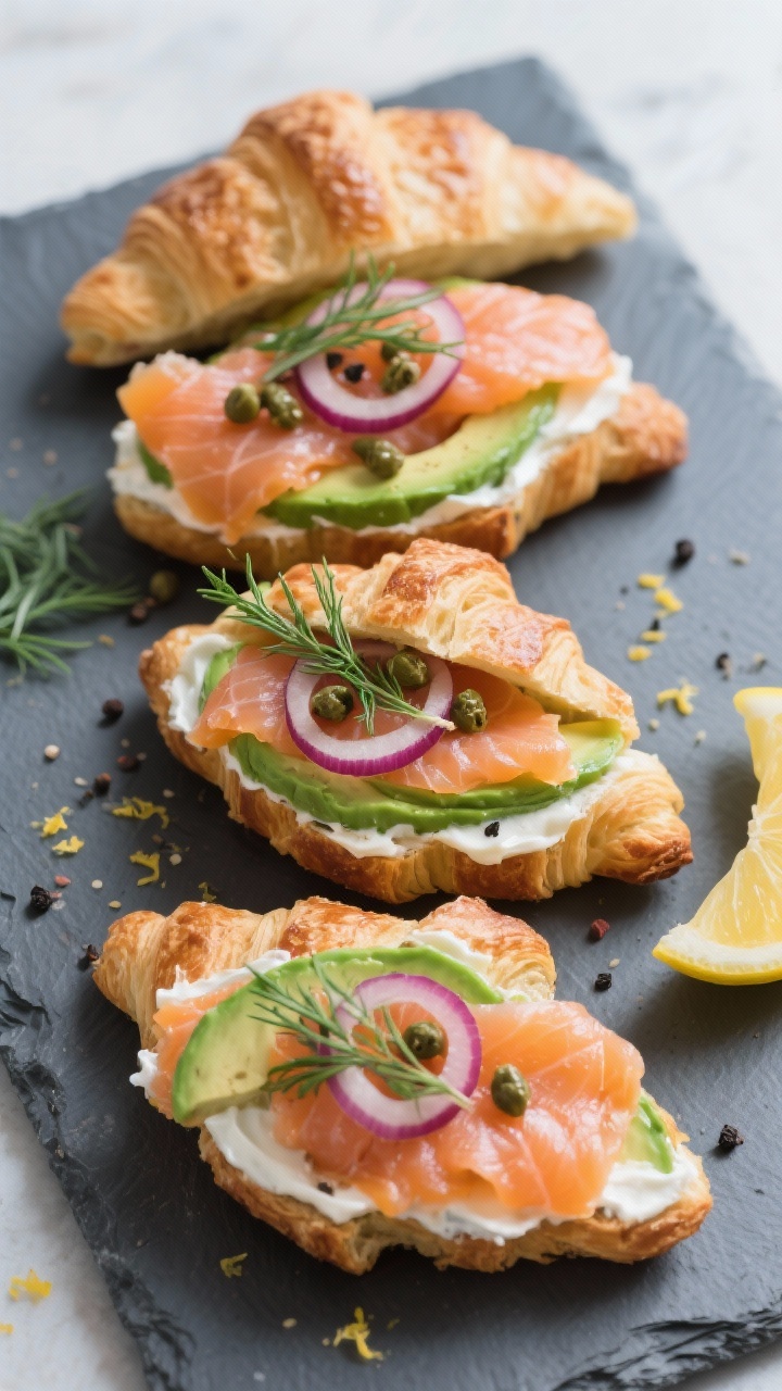 Overhead flat lay of open-faced avocado-lox breakfast croissant stacks on a matte slate board: flaky croissant halves lightly toasted, spread with lemony Greek yogurt schmear. Neatly layered ripe avocado slices, silky smoked salmon, ultra-thin red onion rings, capers scattered, and fresh dill fronds on top; a crack of black pepper visible. Lemon zest flecks and a lemon wedge on the side. Clean, café-chic styling with cool tones to emphasize salmon’s coral hue and avocado’s green.