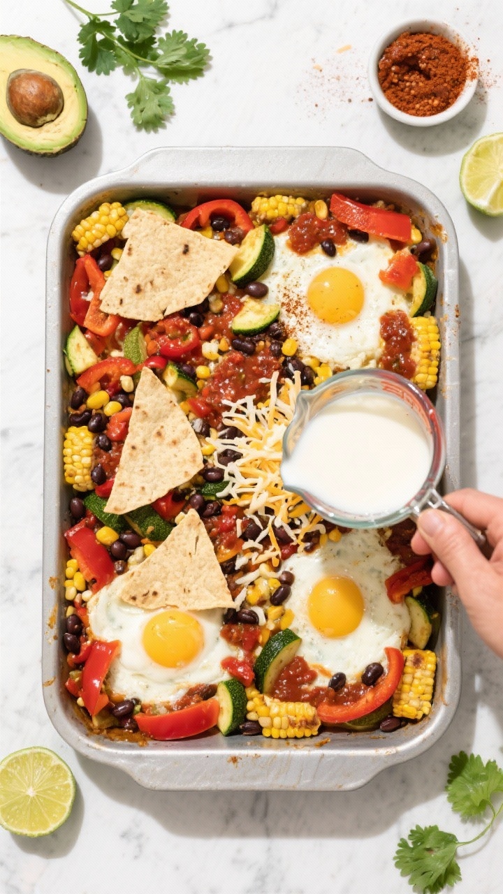 Overhead flat lay of the Veggie Fiesta breakfast bake being assembled: sautéed red bell pepper, zucchini, corn, and black beans mixed with chunky salsa spread in a greased 9x13 dish; torn corn tortillas scattered over; a measuring cup pouring whisked eggs and milk seasoned with chili powder, cumin, salt, and pepper; a hand off-frame about to sprinkle shredded Monterey Jack. Surround with cilantro, lime wedges, avocado halves, and a small dish of chipotle in adobo. Bright, colorful, southwest palette, clean shadows.