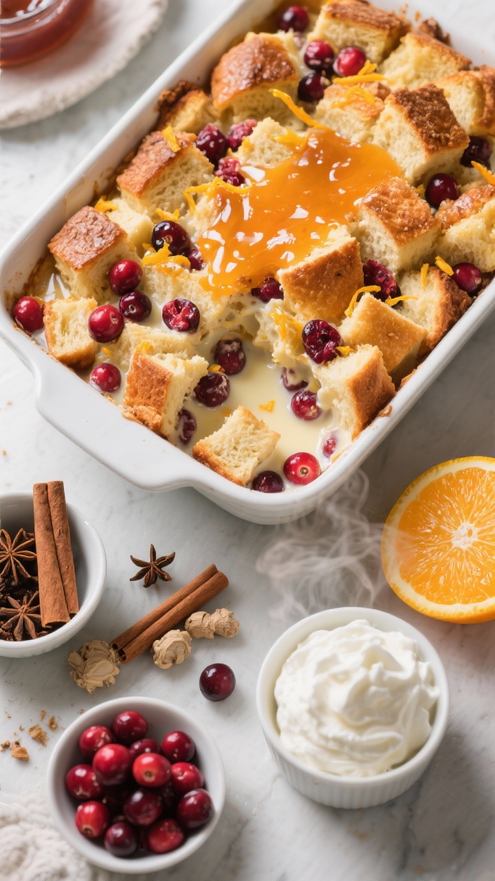 Overhead ingredient-prep to final transition shot of spiced cranberry-orange bread pudding in a 9x13 dish: buttery brioche cubes and fresh/frozen cranberries dotted with bright orange zest, some custard already poured to show soaking; adjacent frame (same setup) shows the baked result—puffed, golden top brushed with warm orange marmalade glaze for shine; include bowls of cinnamon, ground cloves, ginger, and a zested orange; cozy, festive mood, soft steam visible, served with a side of whipped cream in a small bowl