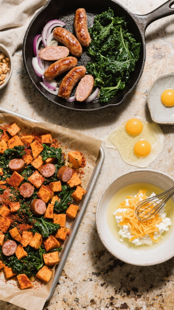 Overhead ingredient-to-assembly shot for Chicken Sausage, Kale, And Sweet Potato Protein Bake: a parchment-lined sheet pan with roasted, paprika-dusted sweet potato cubes; nearby skillet with browned chicken sausage half-moons, sautéed onion, and wilted kale; a mixing bowl of whisked eggs, liquid egg whites, and cottage cheese with shredded sharp cheddar folded in; all arranged on a rustic countertop. Warm tones, clear labels via composition, clean mise en place, inviting meal-prep narrative.