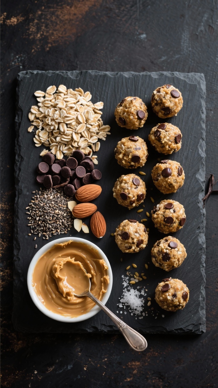 Overhead ingredient-to-final montage for No-Bake Trail Mix Energy Bites on a dark slate board: neat piles of rolled oats, creamy peanut butter, honey, mini dark chocolate chips, chopped almonds, ground flaxseed, chia seeds, vanilla, and a pinch of salt on one side; on the other, perfectly rolled 1-inch energy bites with visible chocolate chips and seeds; a small bowl with sticky peanut butter–honey mixture and a spoon showing the cohesive dough; clean, moody contrast that emphasizes chewy, nutty textures.