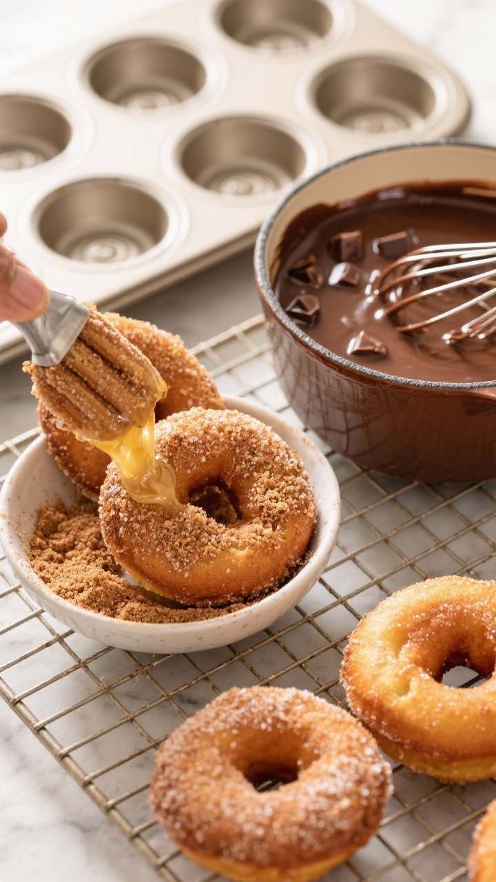 Overhead ingredient-to-final transformation scene for Cinnamon Sugar Baked Churro Donuts with Hot Chocolate Dipping Sauce: a cooling rack of freshly baked donuts being brushed with melted butter and rolled in a bowl of cinnamon sugar (grains visible), alongside a glossy pot of thick hot chocolate sauce (milk, cream, chopped semisweet chocolate, cocoa) with a whisk; a few donuts mid-toss showing the shimmering sugar crust; neutral donut pans in frame, warm tones, crisp texture emphasis, bright natural light.