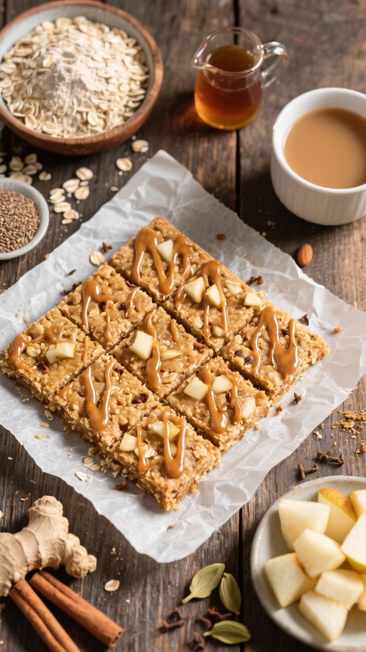 Overhead ingredient-to-finish story: A parchment-lined 8-inch square of cooled maple-pear oat bars cut into neat rectangles, lightly golden edges, studded with tiny pear cubes. A thin chai spice glaze drizzled in zigzags, speckled with cinnamon and cardamom. Surrounding elements in a flat lay: a bowl of rolled oats, almond flour, ground flaxseed, cinnamon, ginger, cardamom, diced pears, a small pitcher of maple syrup, and a cup of cooled strong chai tea. Rustic board backdrop, tidy crumbs, matte glaze sheen, natural light highlighting texture.