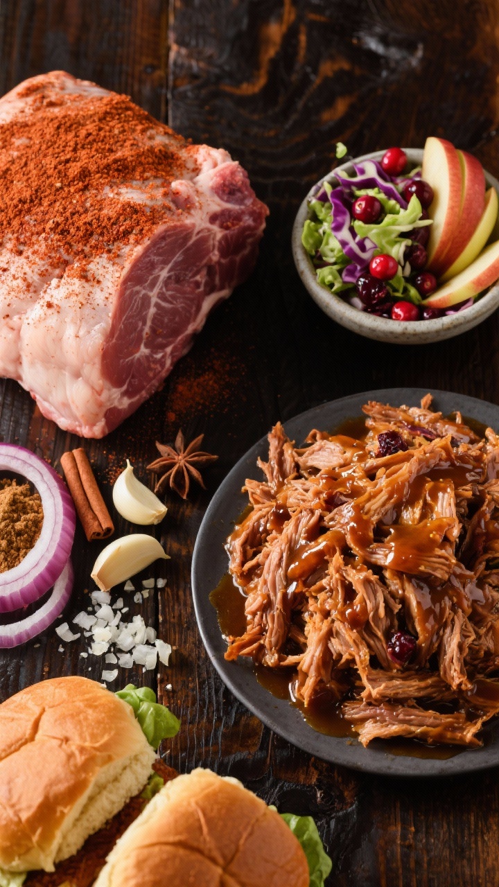 Overhead ingredient-to-finish story shot for Apple Balsamic Pulled Pork: on the left, raw boneless pork shoulder rubbed with smoked paprika, garlic powder, onion powder, cinnamon, salt, and pepper; thinly sliced onions and minced garlic nearby. On the right, a mound of glossy shredded pork tossed in reduced apple cider–balsamic–brown sugar–Dijon sauce, lacquered and caramelized. Include a small bowl of cranberry slaw (green and purple cabbage, dried cranberries, apple matchsticks) and toasted brioche buns ready for assembly. Dark wood surface, deep autumn color palette, no hands, high-end styling.