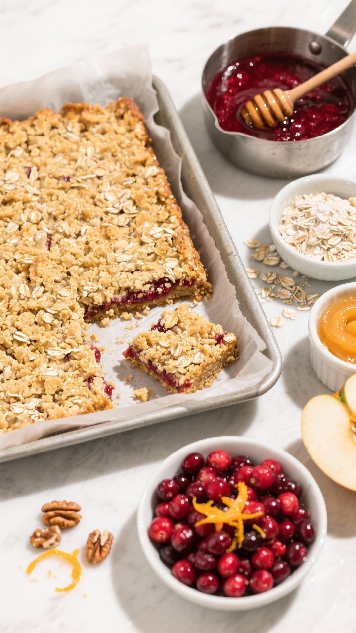 Overhead ingredient-to-finish storyboard: Cranberry-Orange Oat Crumble Bars in an 8-inch parchment-lined pan, golden crumble topping with visible oats and almond flour. On the side: a small saucepan of ruby cranberry filling (burst cranberries, honey, orange zest, and juice) thickened and glossy; bowls holding rolled oats, almond flour, white whole-wheat flour, coconut sugar, baking powder, and applesauce. Orange zested on a microplane, a spoon with sticky honey trail, and a few chopped walnuts optional in a ramekin. Bright, clean light to pop the tart red filling and warm oat tones; tidy, modern styling.