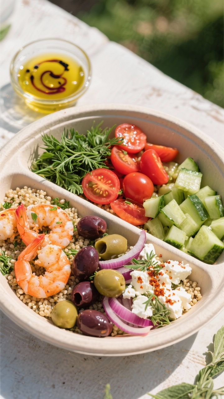 Overhead Mediterranean Shrimp Bowl assembly: compartmentalized bowl with a base of herby quinoa, topped in neat sections with halved cherry tomatoes, diced cucumber, sliced Kalamata olives, thin red onion slivers, crumbled feta, and oregano-paprika seasoned shrimp. A small glass dish of lemon–red wine vinegar–extra-virgin olive oil dressing with black pepper swirls, sprinkled parsley/dill on top. Sunlit, picnic-fresh vibe, crisp textures and saturated Mediterranean colors.