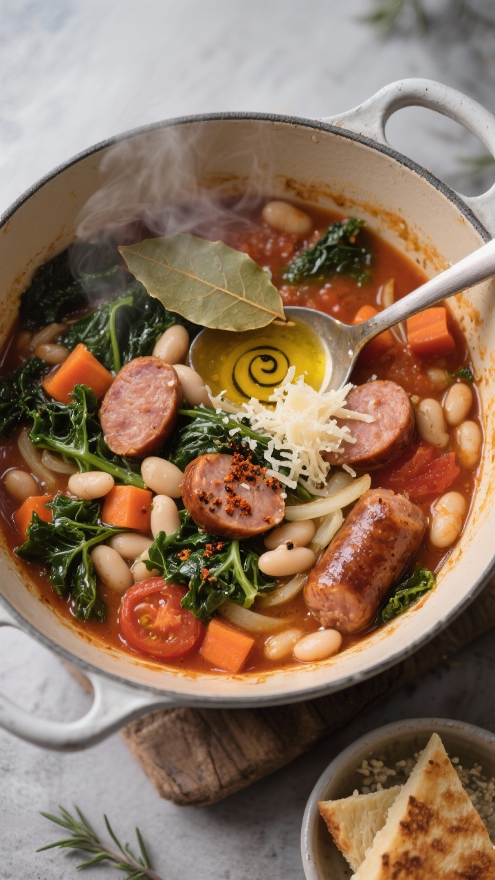 Overhead one-pot capture: rustic Dutch oven filled with hearty sausage, white bean, and kale stew; slices of browned Italian sausage, creamy cannellini beans, wilted lacinato kale ribbons, diced carrots and onions, and tomato-rich broth flecked with smoked paprika and thyme; bay leaf floating; finishing swirl of black pepper and a glisten from olive oil; ladle resting on the rim; grated Pecorino in a small dish and grilled cheese triangles nearby; mood is comforting and homey, with steam and condensation for warmth.