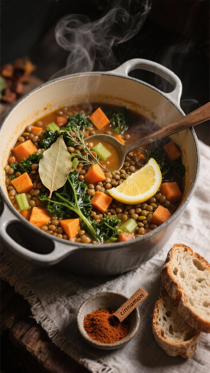 Overhead one-pot stew in a Dutch oven: hearty lentil, sweet potato, and kale stew with visible diced sweet potato, green/brown lentils, carrot and celery bits, and tender kale; broth tinted warm with cumin, thyme, smoked paprika, and a bay leaf floating; a lemon wedge and a tiny dish labeled “cinnamon” nearby to hint at optional warmth; rustic ladle resting on the pot rim; slices of crusty whole-grain bread on a linen to the side; steam rising, moody fall lighting.