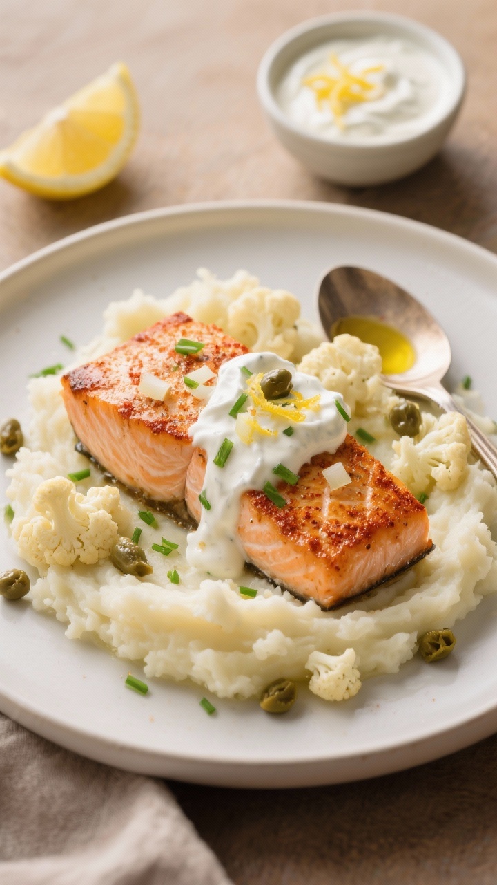 Overhead plated comfort scene of “Creamy Greek Yogurt Salmon With Roasted Cauliflower Mash”: paprika- and garlic powder–seared salmon fillets set atop a velvety cauliflower mash; spooned with tangy Greek yogurt–Dijon–lemon sauce studded with minced shallot and capers; finished with chopped chives; small bowl of extra sauce, lemon zest, and a drizzle of olive oil nearby; warm, cozy tones with soft highlights on the creamy mash and glossy sauce, clean modern plateware, no people.