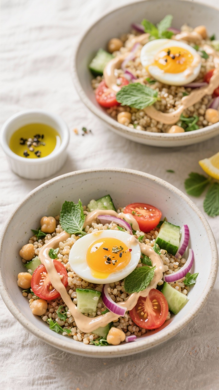 Overhead plated presentation of herby quinoa breakfast bowls, Mediterranean-inspired: fluffy quinoa tossed with chickpeas, halved cherry tomatoes, diced cucumber, thin red onion slivers, chopped parsley and mint. Each bowl crowned with a soft-boiled egg, yolk jammy. Generous lemon-tahini drizzle (tahini, lemon, maple, garlic) ribboned on top, with extra sauce in a small ramekin. Olive oil shimmer, black pepper and sea salt sprinkled. Optional accents: a pinch of za’atar on the eggs. Clean ceramic bowls on a light linen, fresh and vibrant color palette.